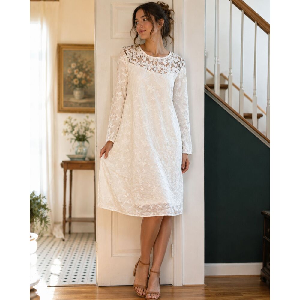 White Floral Embroidered Lace Dress Summer L Boho Cottagecore Midi